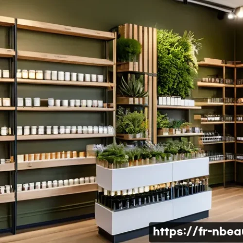 천연화장품 광고 마케팅 전략 - A serene and elegant natural cosmetics boutique in Paris with eco-friendly packaging displayed on wo...