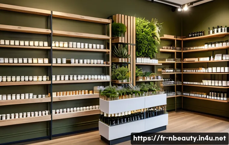 천연화장품 광고 마케팅 전략 - A serene and elegant natural cosmetics boutique in Paris with eco-friendly packaging displayed on wo...