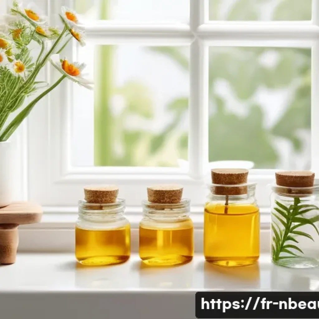 천연화장품으로 여드름 관리 - A serene skincare scene featuring a natural bathroom countertop with glass jars of chamomile, calend...