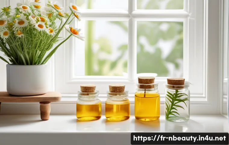 천연화장품으로 여드름 관리 - A serene skincare scene featuring a natural bathroom countertop with glass jars of chamomile, calend...