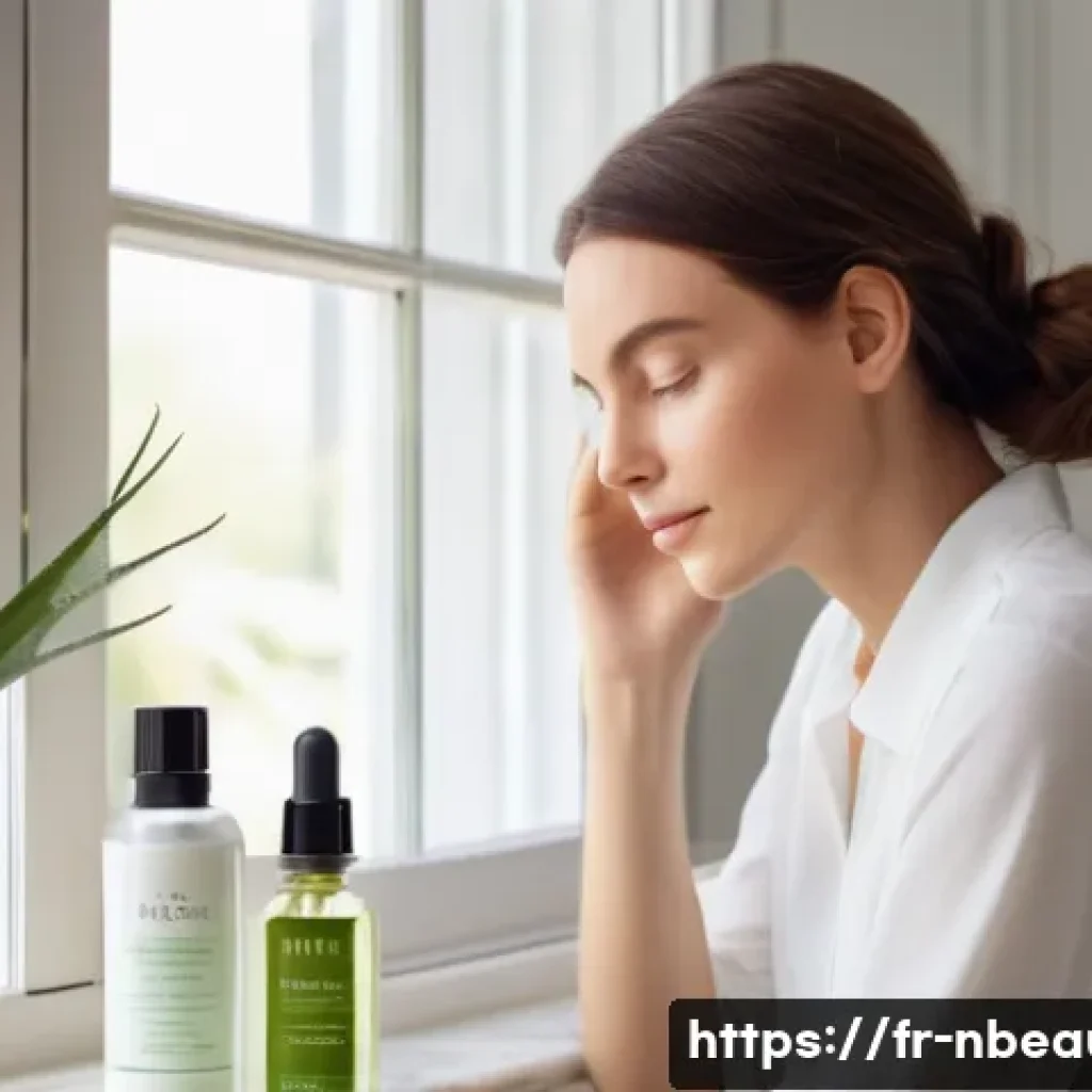 천연화장품 에센스 비교 - A serene skincare scene featuring a French woman with dry skin gently applying a hyaluronic acid and...