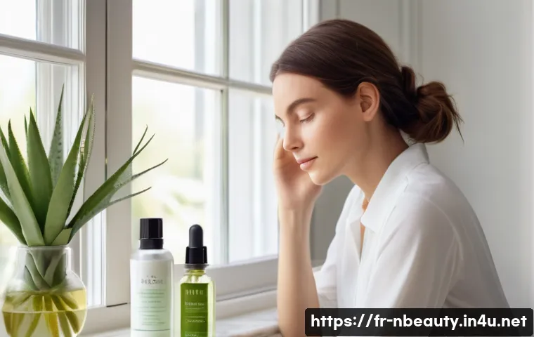 천연화장품 에센스 비교 - A serene skincare scene featuring a French woman with dry skin gently applying a hyaluronic acid and...