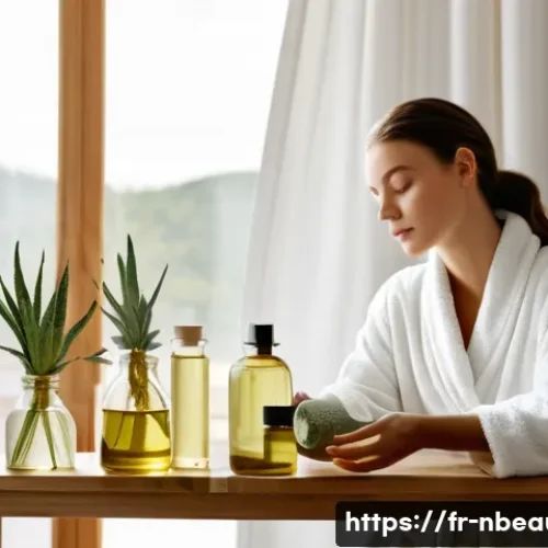 천연화장품과 스킨케어 루틴 조합법 - A serene bathroom scene featuring a young French woman with clean, fresh skin applying a natural fac...