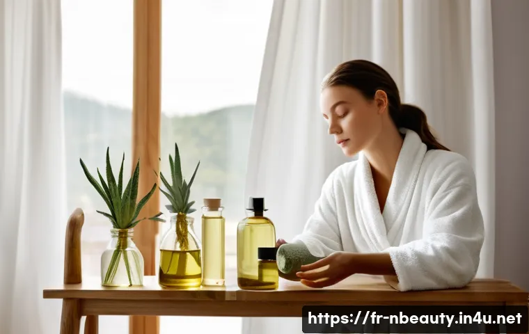 천연화장품과 스킨케어 루틴 조합법 - A serene bathroom scene featuring a young French woman with clean, fresh skin applying a natural fac...