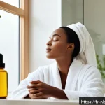 천연화장품의 보습 효과를 높이는 법 - A serene skincare scene featuring a woman with combination to oily skin applying jojoba oil serum on...
