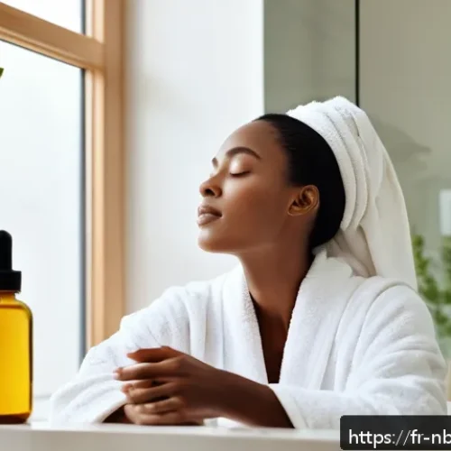 천연화장품의 보습 효과를 높이는 법 - A serene skincare scene featuring a woman with combination to oily skin applying jojoba oil serum on...