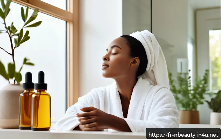 천연화장품의 보습 효과를 높이는 법 - A serene skincare scene featuring a woman with combination to oily skin applying jojoba oil serum on...